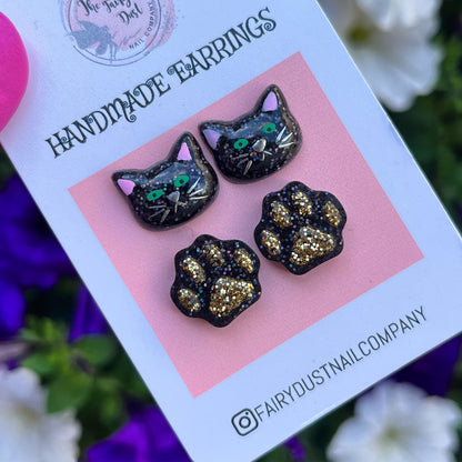 Halloween Cat and Paw Print Studs 2 Pack