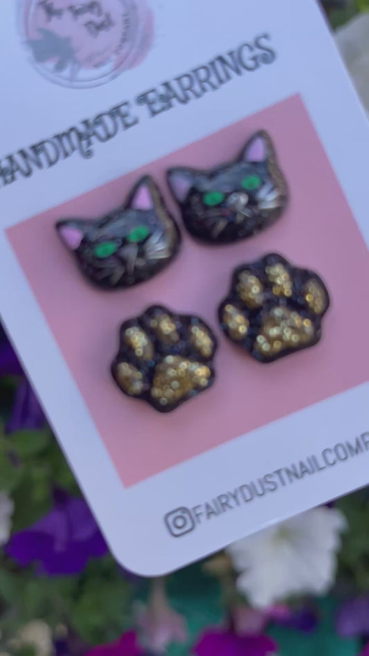 Halloween Cat and Paw Print Studs 2 Pack